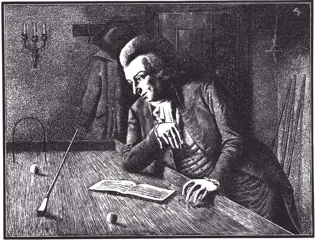 Mozart gioca a biliardo in una stampa stile diciottesimo secolo