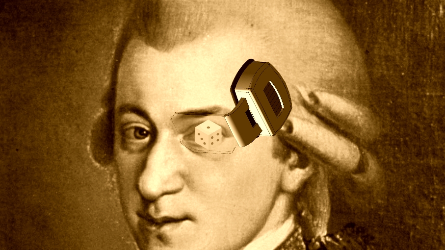 Uno dei più iconici ritratti di Mozart è ironicamente modificato dall'aggiunta di un visore in realtà aumentata stile Dragon Ball in cui è visibile l'immagine di un dado