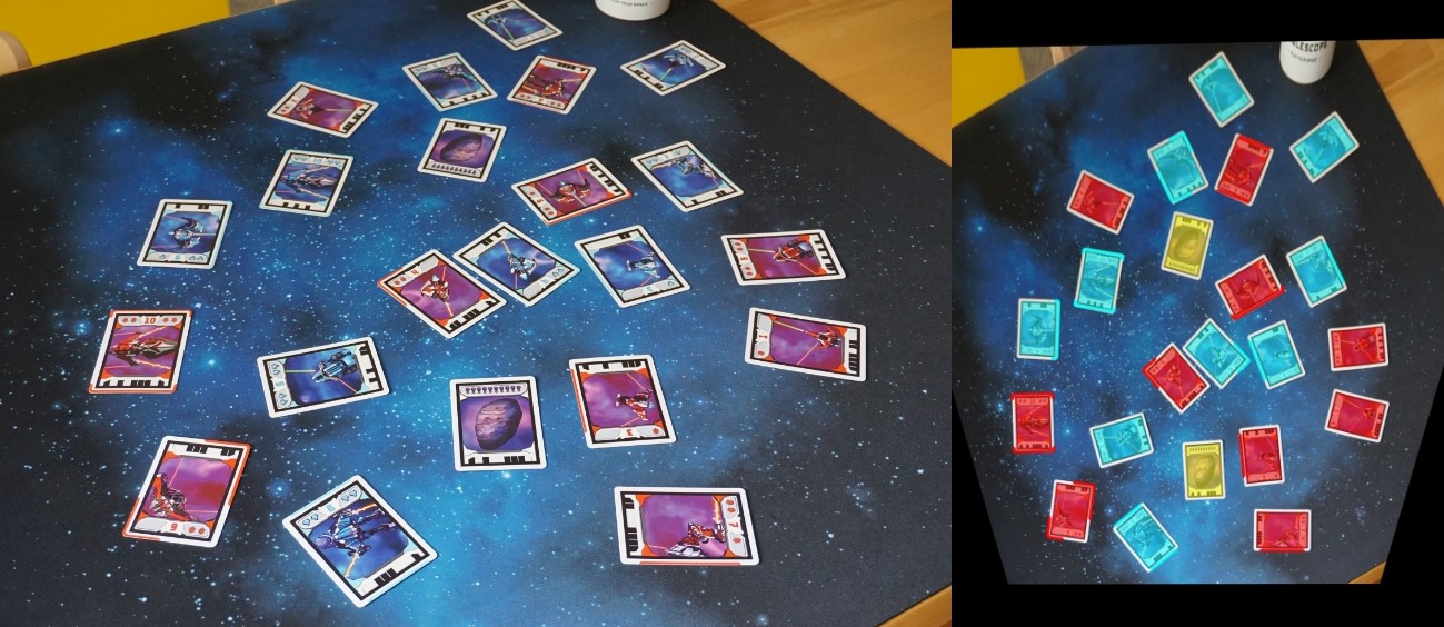 The photo of a table scattered with Light Speed cards and the rectified version of the photo with the cards highlighted.