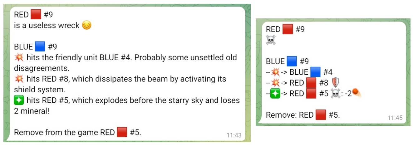 Screenshot from a Telegram chat of a battle description in an extended and a more symbolic format.