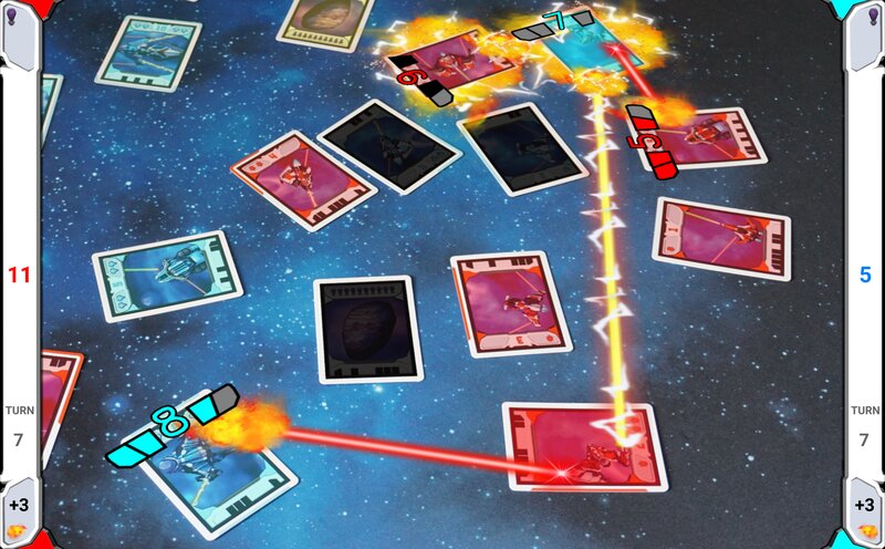 A photo of a table scattered with Light Speed cards with augmented reality graphics of laser beams and explosions framed in a futuristic layout showing the points scored and the current round.