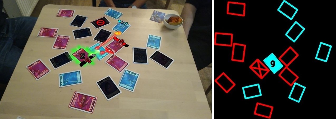 A photo of a table scattered with Light Speed cards with graphics of laser beams and explosions in augmented reality side by side with an abstract representation of the cards on the table.