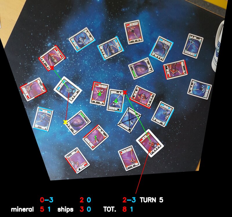 A series of lines are drawn on a rectified image of some spaceship cards on a table. A black band at the bottom shows the scores of the blue player and the red player.
